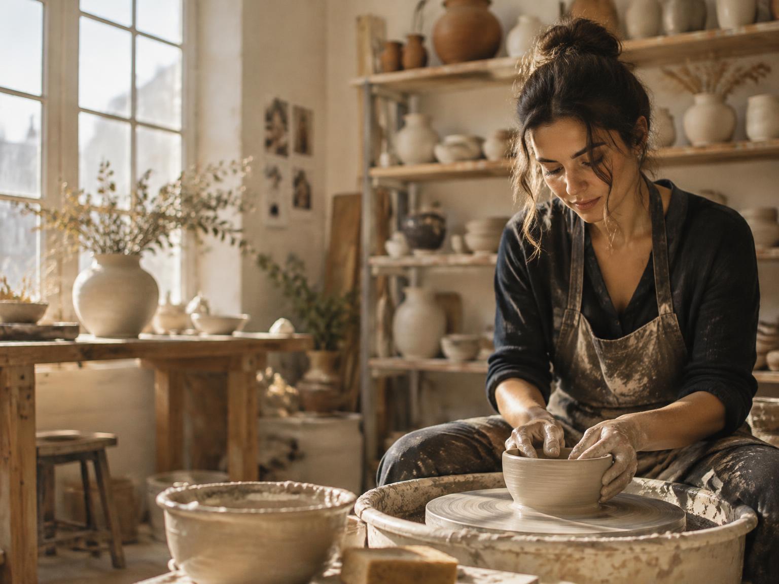Ceramic artist shaping clay in her studio