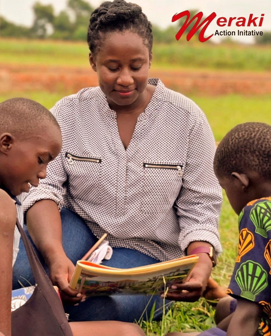 Brendah Okello reading a book with two children outdoors in Kole, Uganda