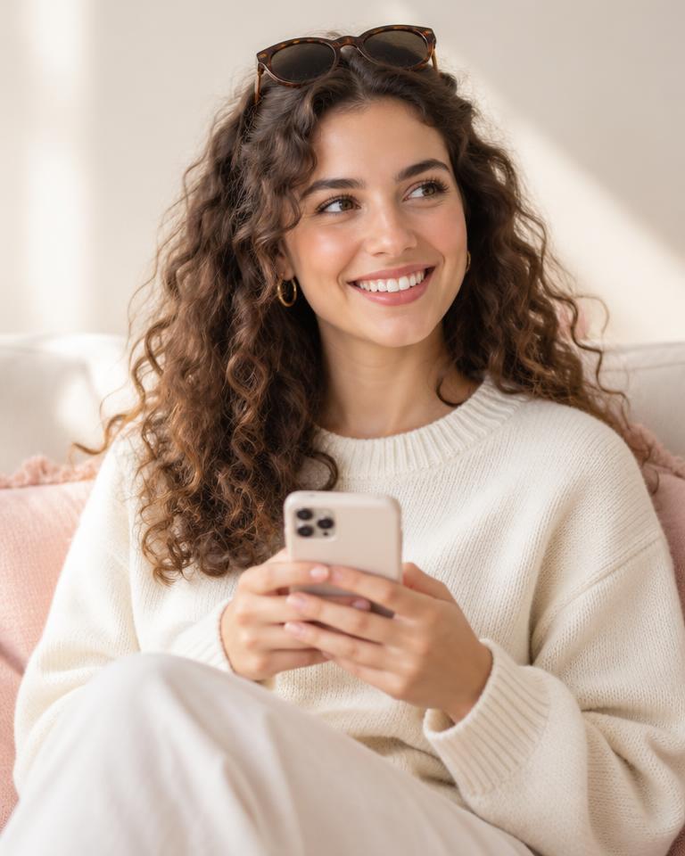 Smiling woman holding her phone